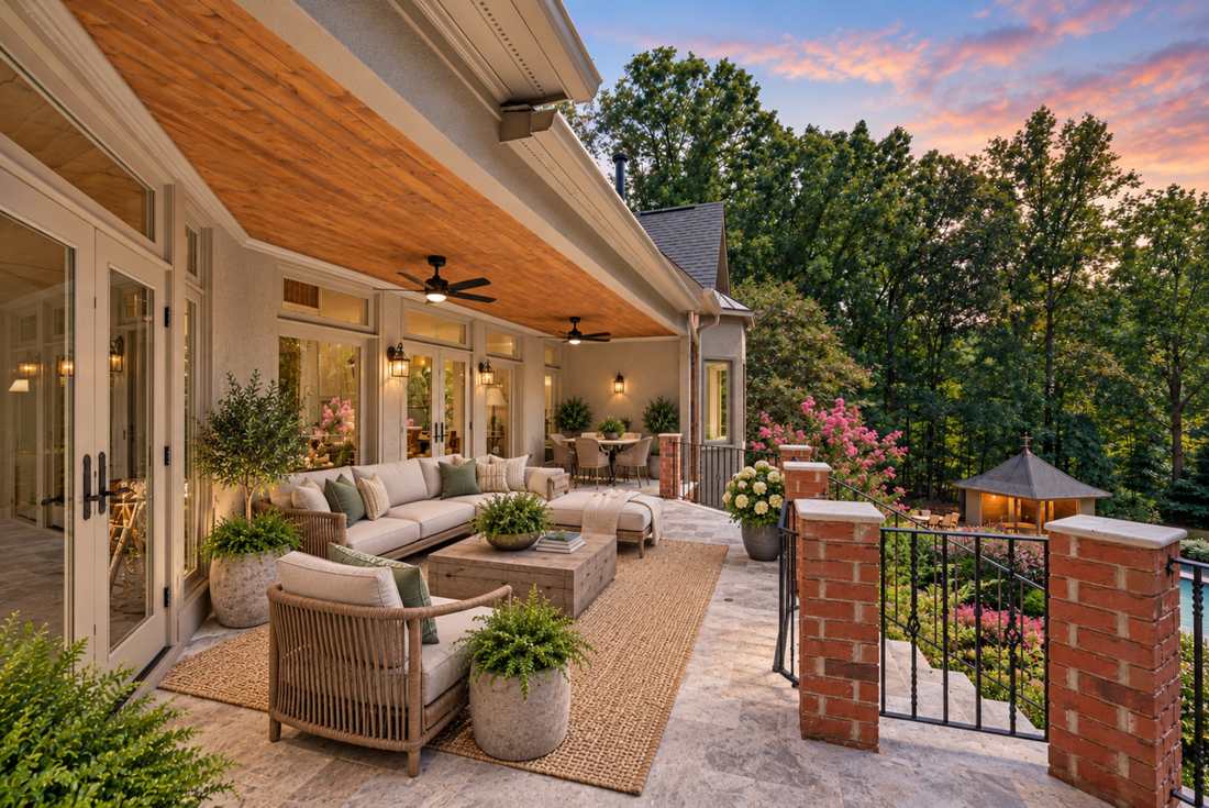 Covered terrace in silver travertine